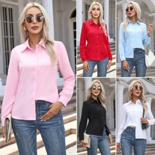 Women's Solid Color Long Sleeve Chiffon Shirt,Button Down OL Slim Blouse Tops