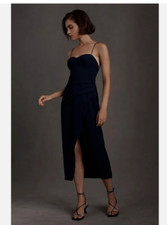 BHLDN Georgette Women NAVY BLUE Criss Cross Spaghetti Strap Slit Dress Sz 10 NEW