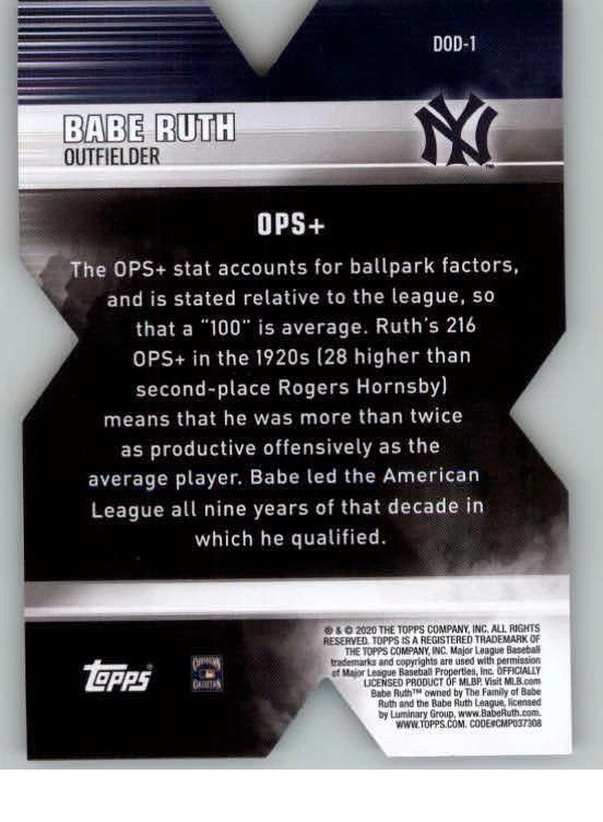 2020 Topps Decade of Dominance #DOD1 Babe Ruth (ref 132538) - Image 2 of 2