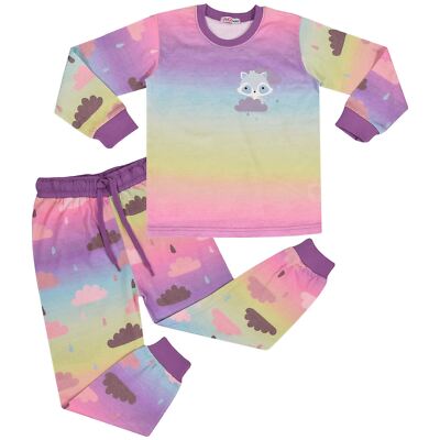 Kinder Pyjama Wolkenmuster Kontrast Oberteil Unterteil Regenbogen Nachtwäsche Set für Mädchen 2-13