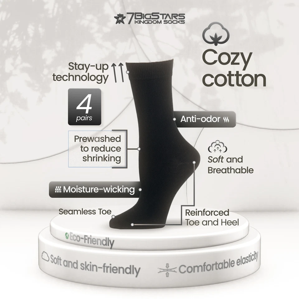 Paquete de 4 calcetines regulares de algodón para mujer lisos suaves finos medianos 9-11 negros Foto 2 de 4