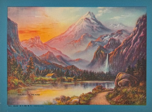 Vintage Decorative Art 5.5x7.5 Landscape Print Majestic Peaks, Mountain Sunset