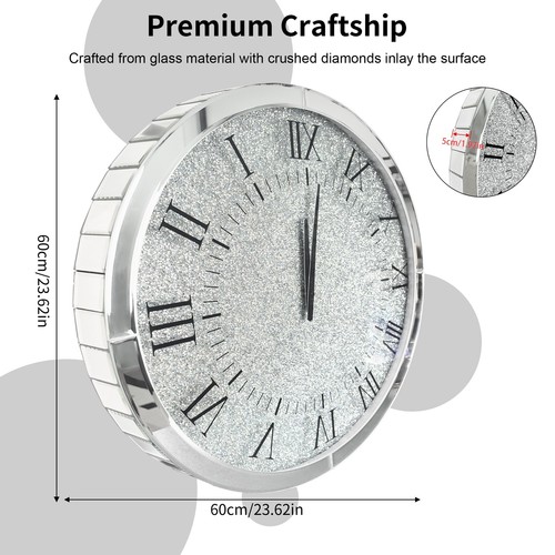WISFOR 23.6'' Large Round Mirrored Crushed WallClock Diamond Crystal Clock Decor - Picture 2 of 10