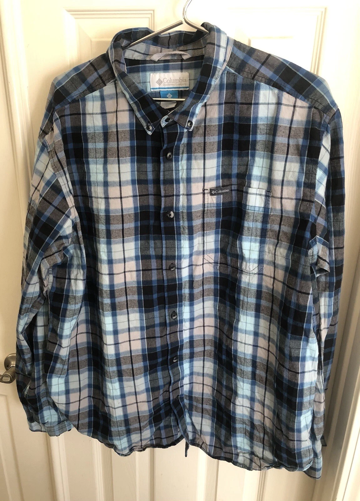 Columbia Button Up Shirt Mens Size XL Blue Plaid Long Sleeve Outdoor Fishing