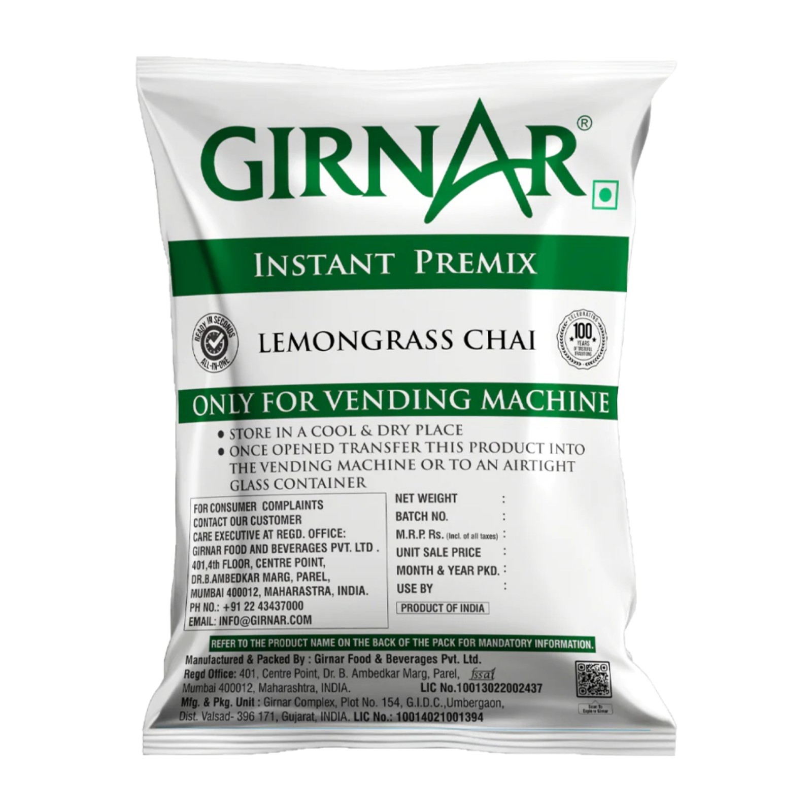 Girnar INSTANT Premix LEMONGRASS CHAI Tea - Only For Vending Machine 1KG
