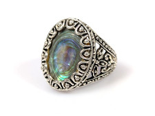 Vtg Abalone Sterling Silver 925 Scalloped Open Filigree Statement Ring CW Sz 5.5