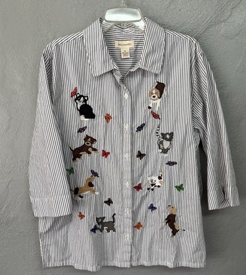 Bechamel Striped Button-Up Shirt Embroidered Dogs Cats Butterflies Size XL Y2K