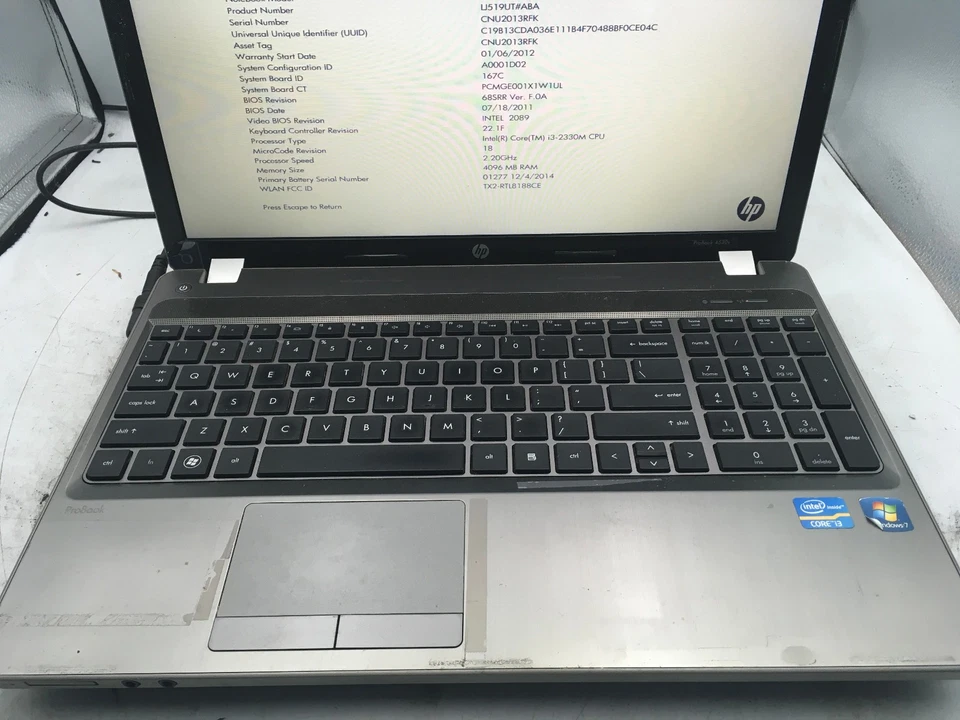 HP PROBOOK 4530S - BOOTS TO BIOS - INTEL I3 2330M - 4GB RAM - NO OS - READ - BB - Image 3 of 4