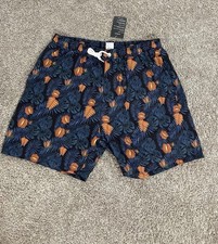 Men's Navy Blue and Brown Botanical Print Swim Shorts Men  s Swimwear Sz L
