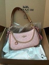 Coach Teri Shoulder Bag Signature Canvas With Charms Gold/Powder Pink CEA20 NWT