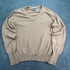 IZOD Lacoste Mens Tan V-Neck Sweater Long Sleeve Classic Logo Size Medium