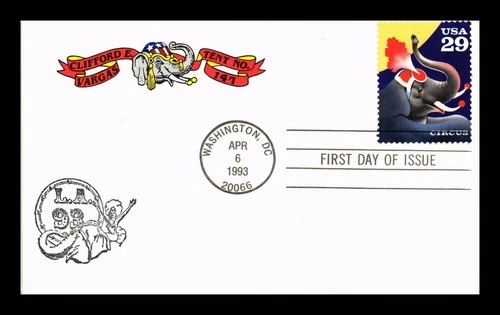 US COVER CIRCUS ELEPHANT FIRST DAY ISSUE CLIFFORD E VARGAS TENT NO 147