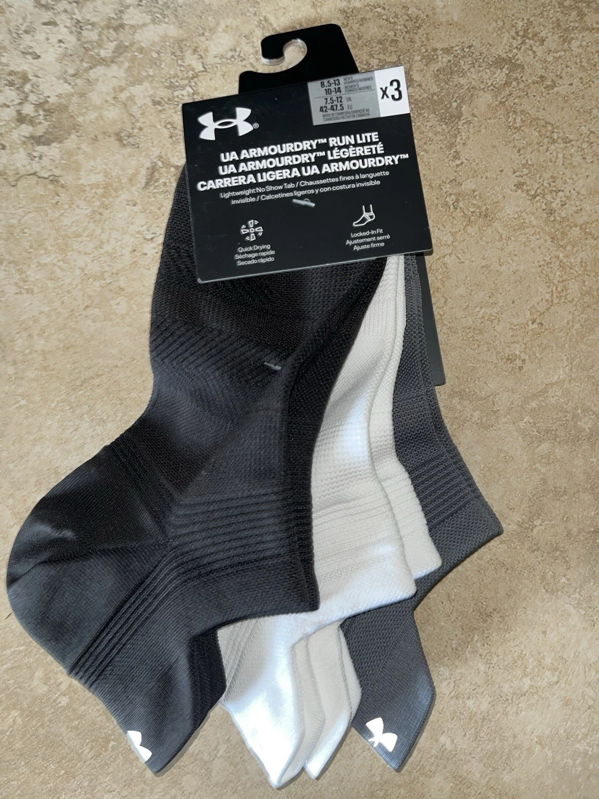 New Under Armour 3 Pair ArmourDry Run Lite NO SHOW TAB Socks Lg 8.5-13