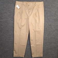 Jos A Bank Traveler Dress Pants Mens 40X30 Khaki Performance Pleated Cuffed NEW