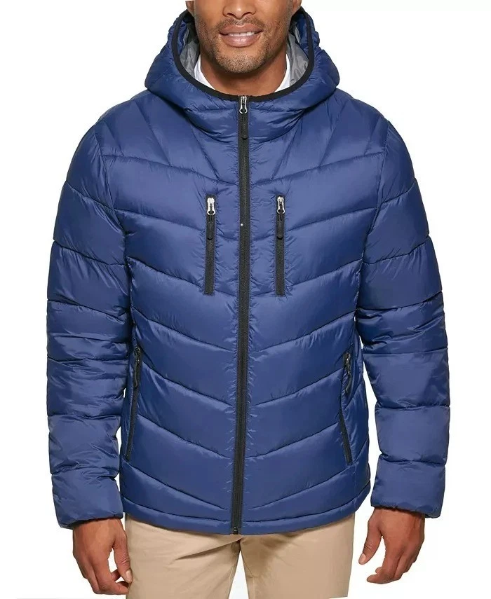 Club Room Men's Chevron Quilted Hooded Puffer Jacket in Navy-XL