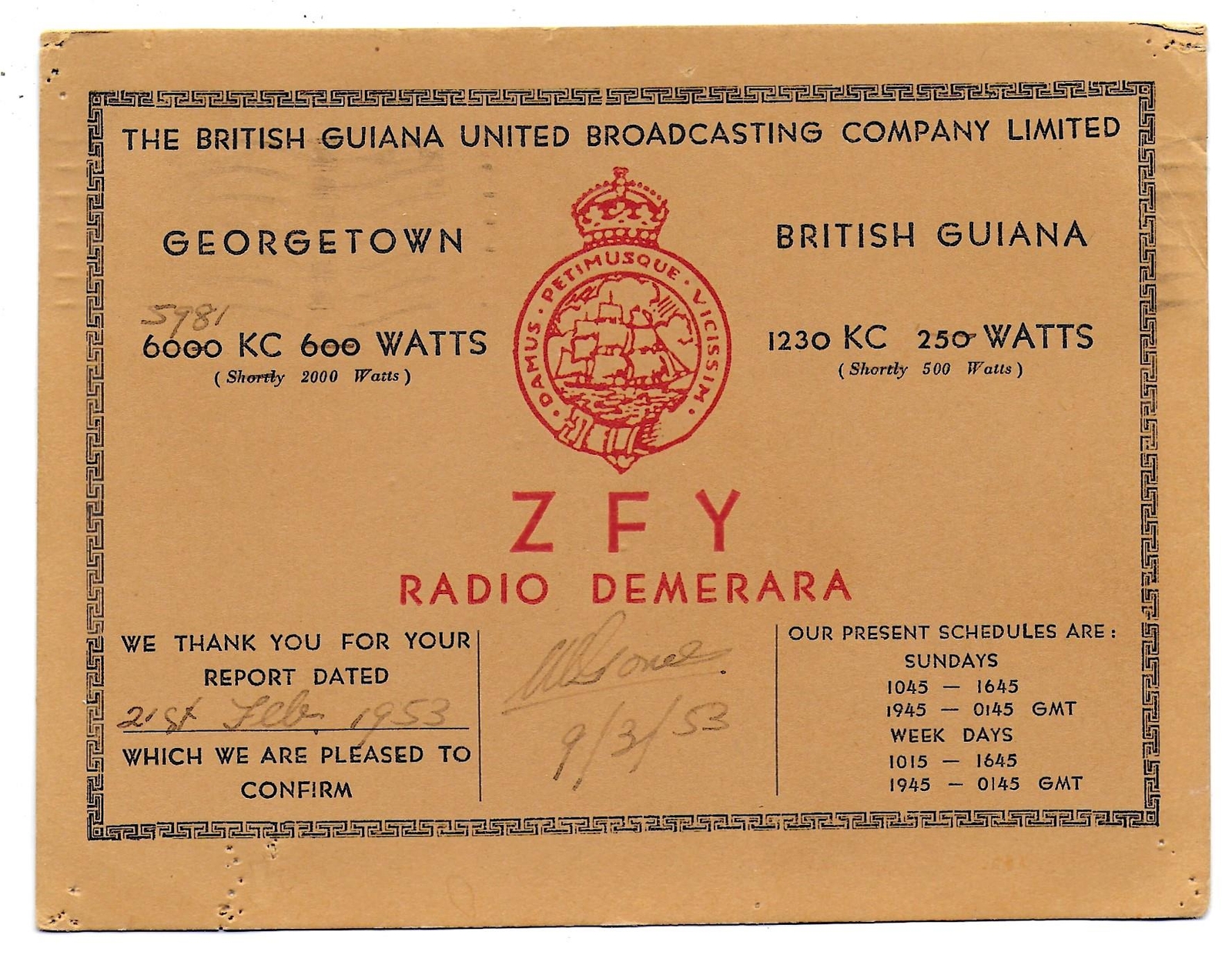 QSL Radio Demerara ZFY British Guiana 1953 South America