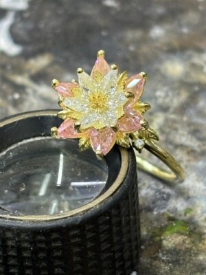 Crystal Diamond Floral Engagement Ring, Unique Handmade Fine Jewelry