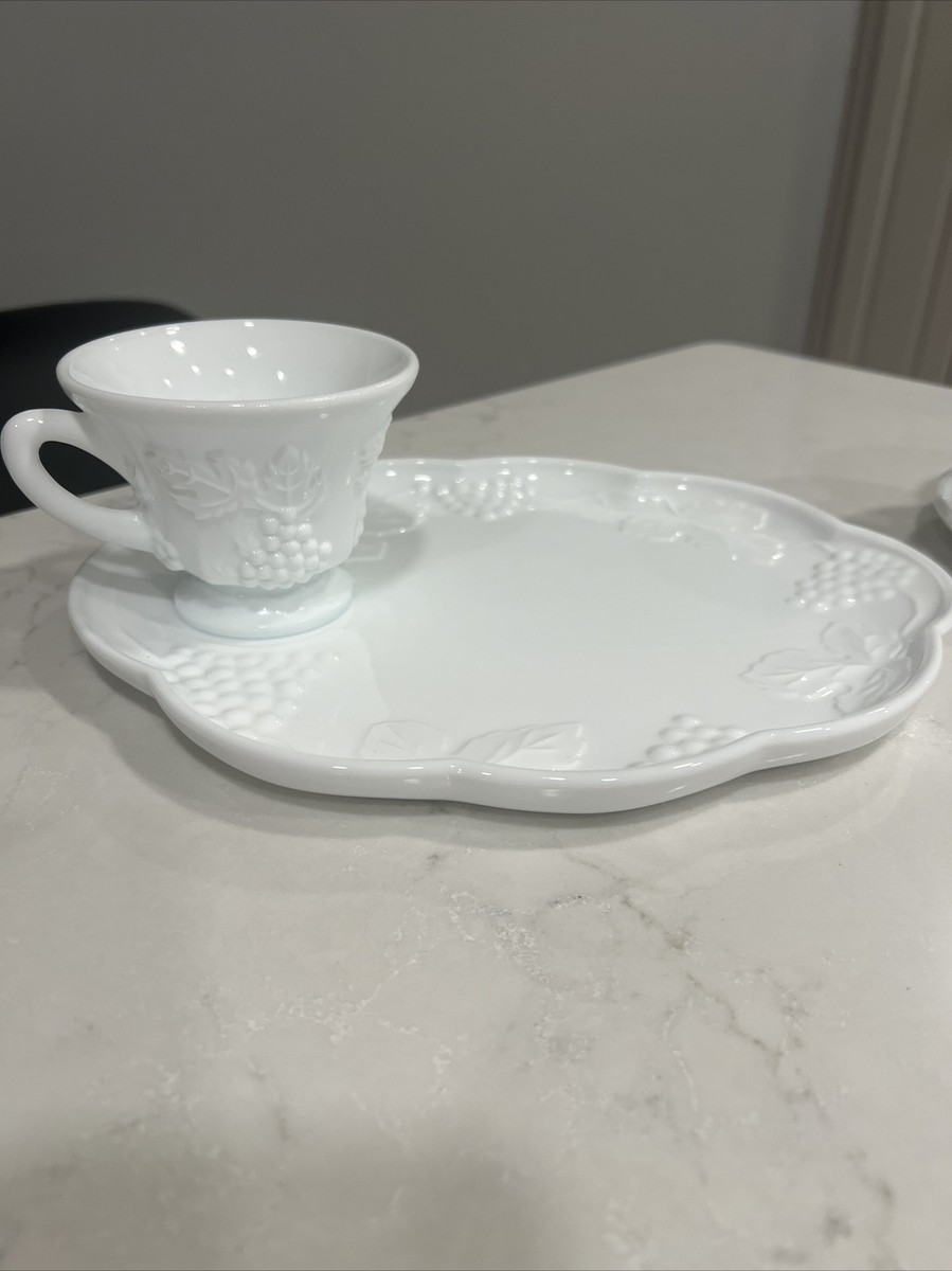 4 Piece Colony Harvest Milk Glass Snack Set Tea Cups and Plates