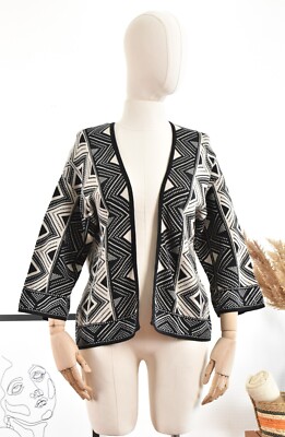 GUDRUN SJODEN Knitted Open Cardigan Sweater Cotton Bamboo Geometric Print Size M