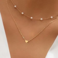 Gold Heart Necklace Multi Strand Chain Layered Pearl Bead Necklaces Prom New