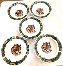 Tienshan Stoneware 5 Rimmed Soup / Salad Bowls Bengal Tiger Jungle Safari 8 1/4"