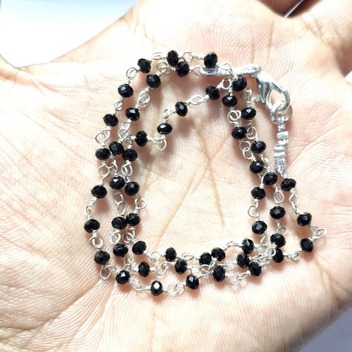 Black Spinel Gemstone 3 mm Beads Silver Plated Chain 24" Mala Necklaces Chain - Picture 6 of 8