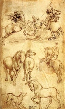 STUDY FOR A DRAGON FIGHT AND STUDIES OF HORSES BY LEONARDO DA VINCI REPRO