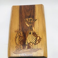 Vintage Inlaid Wooden Wall Art India Women Basket 2 Tone Wood