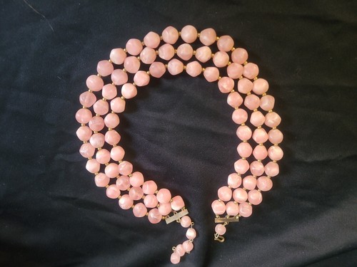 Vintage Pink White Marbled Multi String Strand coker Necklace Beads Unique - Picture 7 of 14