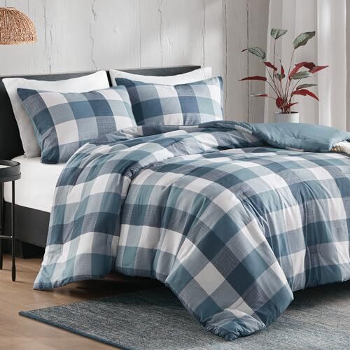 Plaid Full/Queen Comforter Set, Farmhouse Comforter Set Queen, Blue and