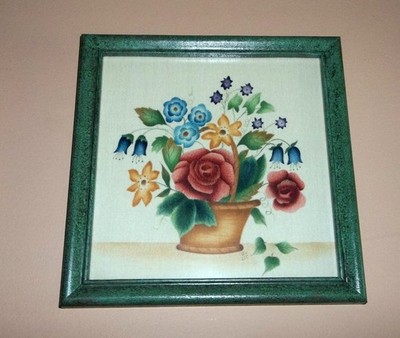 1996 Framed 9'' Basket of Flowers Theorem Painting Signed SJC Sandra Jean Coldren