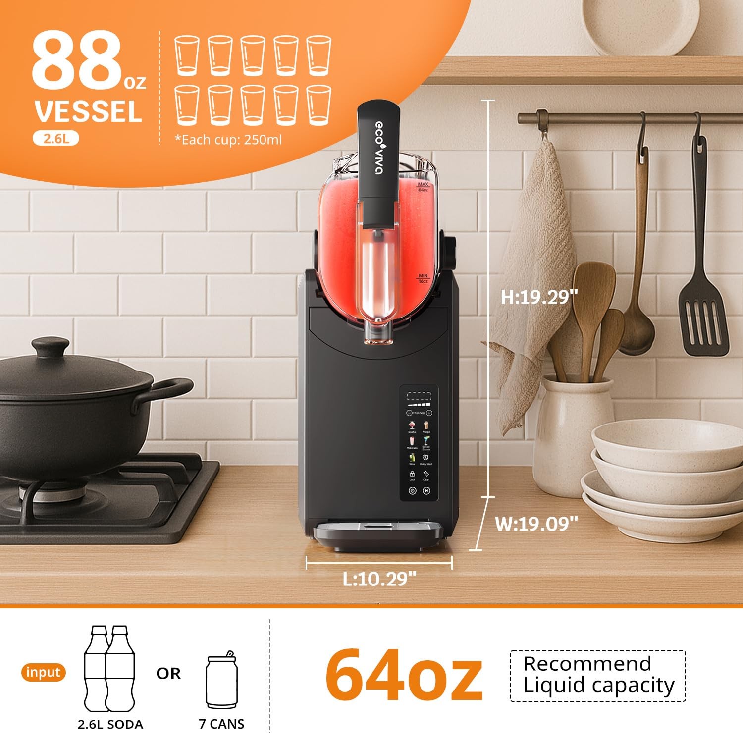 Ecoviva Slushie Machine 88 oz Color-Screen Slushy Machine, Professional Frozen