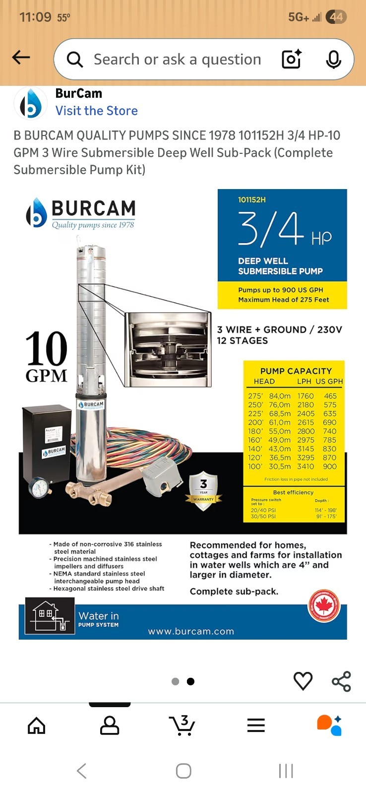 Burcam 3/4 Submersible Deep Well Pump Stainless Steel