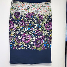 Ted Baker Women  s Satin Floral Butterfly Print High Rise Pencil Skirt 2 Navy