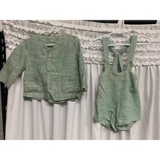 Vintage Baby Romper Set Pale Heather Green 2pc Embroidered Cottagecore 12-18M