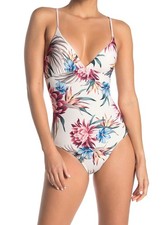 Splendid Women's Pink Tropic Floral V-Neck Strappy One Piece Swimsuit Size XS