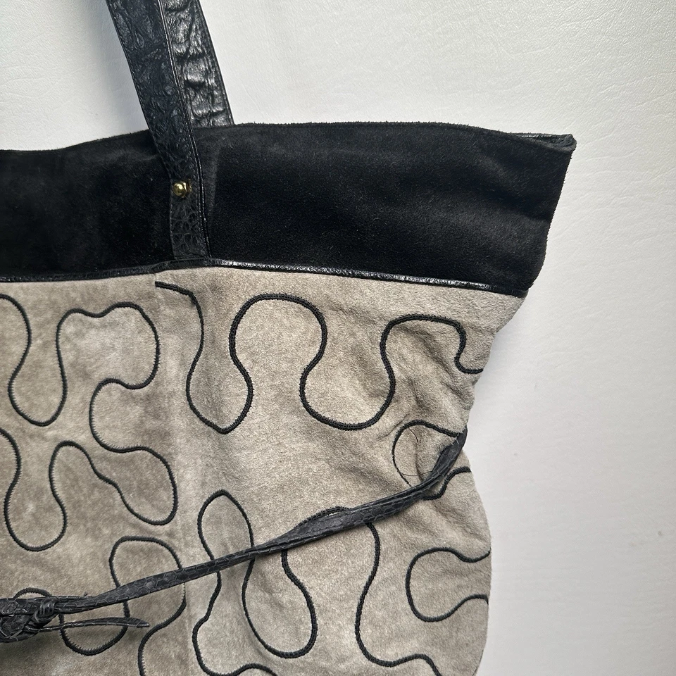 Vtg Sharif Tote Handbag XL Taupe Suede Black Swirl Leather Lined Shoulder Bag - Image 3 of 4