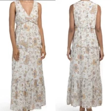 Rachel Zoe Maxi Dress, Floral V-Neck, Flowy Boho Dress, White Flowers, Medium