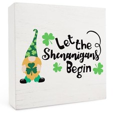 St.Patrick's Day Wooden Box Sign 5x5 Inch,Green Gnomes Shamrock Box Shamrock-3