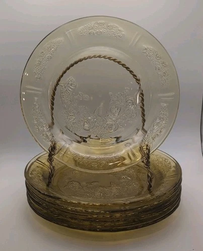 6- Vintage Yellow Federal Depression Glass Plates Sharon Amber Cabbage Rose 9"💛