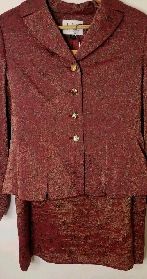 Le Suit Falda Traje Talla Pequeña 8P Conjunto de Dos Piezas Rojo Dorado Jacquard Brillo Foto 2 de 4