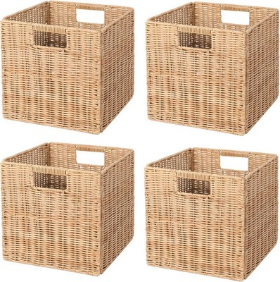 10.5 x 10.5 in Plastic Wicker Baskets for Cube Storage, Collapsible Square