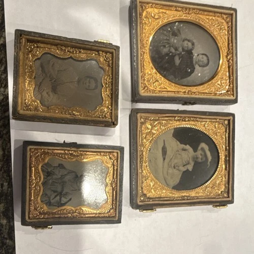 Antique Tintype Portrait Photographs Set of 4, 1850-1899, Union Cases