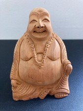 Wooden Happy Buddha Figurine Ornament Chinese Laughing Sitting HAND CARVED 4.5"
