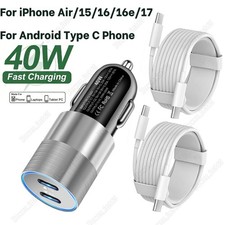 PD 40W Fast Car Charger USB-C Type-C Cord For iPhone17 17e 16 16e 15 Air Samsung