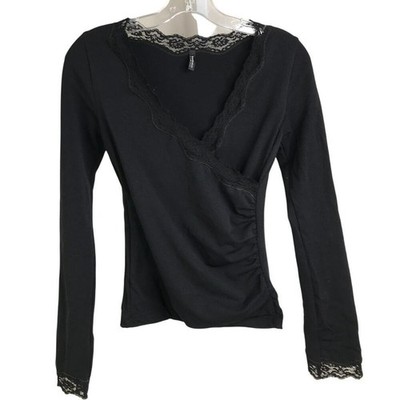 Bordeaux Seamless Top Womens One Size Faux Wrap Lace V-Neck Long Sleeve Liner