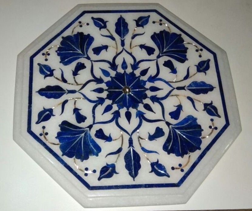 12-inch white marble side table with lapis floral inlay and semi-precious stone decor