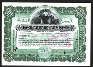 1916 William A Paine - PAINE WEBBER signs Lake Copper Co  RARE Stock Certificate