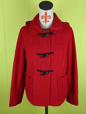Old Navy Womens M Wool Blend Coat Jacket Toggle Full Zip Hooded Pockets Red EUC