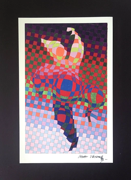 VICTOR VASARELY + IMPRESSÃO ABSTRATA GEOMÉTRICA ASSINADA DE 1970 + NOVA MOLDURA 14x11 polegadas. - Imagem 2 de 3